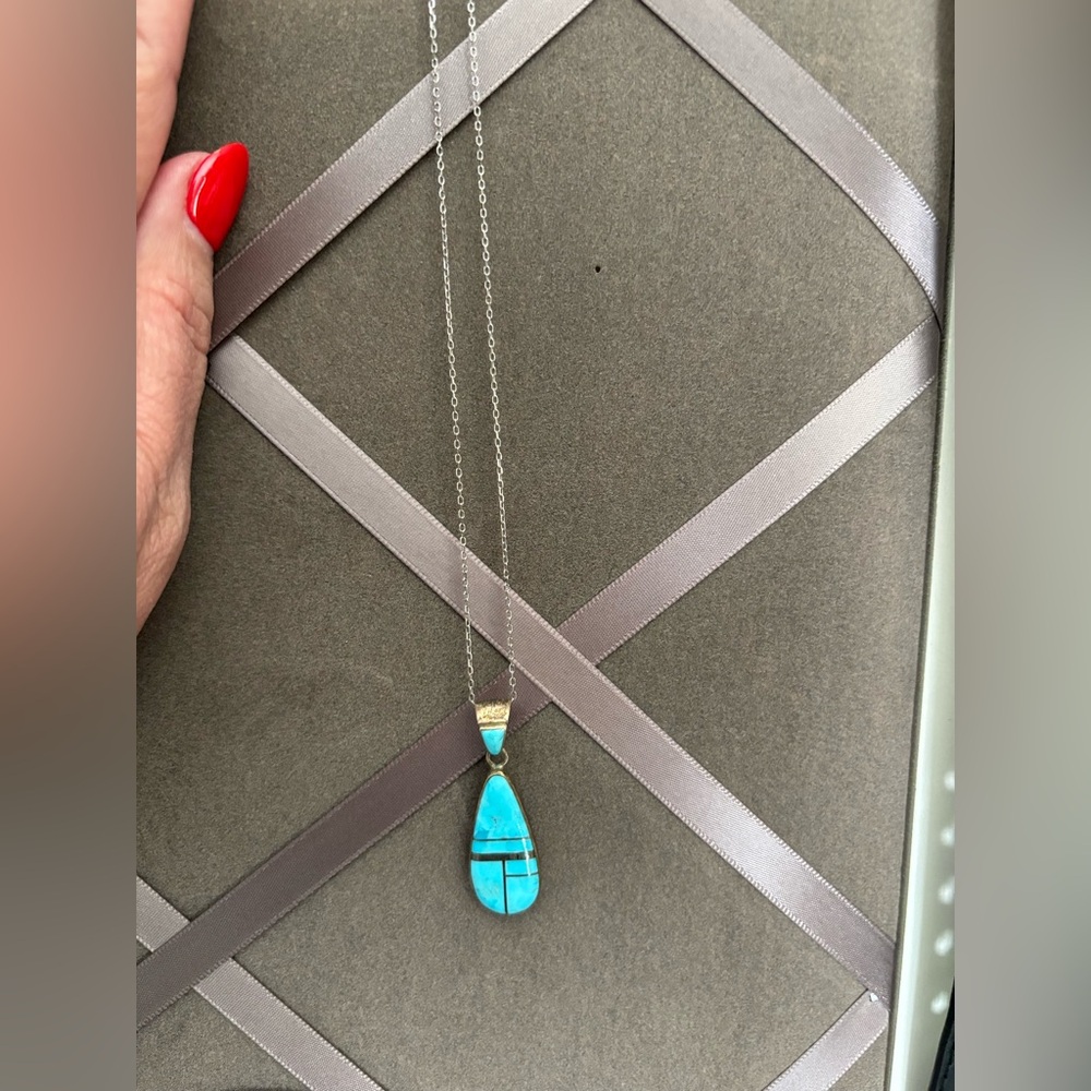 Genuine Vintage Sterling Silver and Turquoise inlaid Pendant Necklace